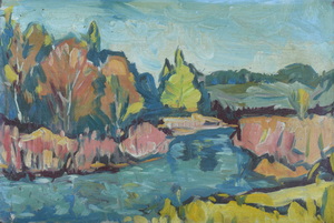 Werkverzeichnis Nr. 493,  1969, An der Amper, Öl auf Karton, 39,8 x 60,4 cm 