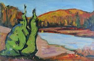 Werkverzeichnis Nr. 451, um 1969, Zwei grüne Bäume an einem Gewässer, Öl auf Karton, 40,2 x 60,5 cm