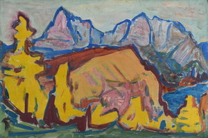 Werkverzeichnis Nr. 453, um 1969, Bergmassiv mit Bäumen, Öl auf Karton, 40,2 x 61,0 cm