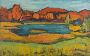 Werkverzeichnis Nr. 486, um 1969, See mit Bäumen, Öl auf Hartfaser, 42,6 x 66,4 cm