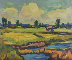 Werkverzeichnis Nr. 489, um 1969, Dachauer Moos, Öl auf Hartfaser, 48,1 x 57,5 cm