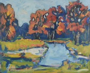 Werkverzeichnis Nr. 490, um 1969, Bach mit Bäumen, Öl auf Karton, 50,7 x 60,2 cm	