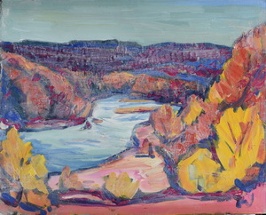 Werkverzeichnis Nr. 503, um 1969, Isar, Öl auf Hartfaser, 56,3 x 71,0 cm