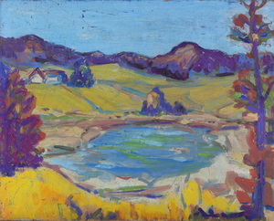 Werkverzeichnis Nr. 505, um 1969, Weiher mit Hügeln, Öl auf Hartfaser, 56,7 x 71,0 cm