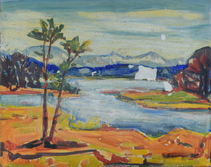 Werkverzeichnis Nr. 497, um 1969, Ostersee, Acryl auf Hartfaser, 56,7 x 71,1 cm