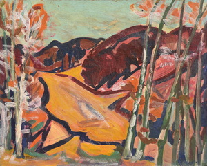 Werkverzeichnis Nr. 480, um 1969, Berglandschaft mit Bäumen, Öl auf Karton, 56,8 x 71,3 cm 