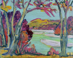 Werkverzeichnis Nr. 508, um 1969, Isar mit Bäumen, Öl auf Karton, 57,0 x 71,6 cm