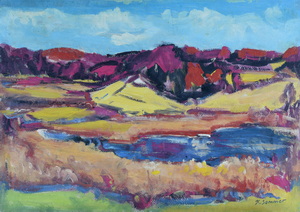 Werkverzeichnis Nr. 468, um 1969, Hügelige Landschaft mit Gewässer, Öl auf Karton, 57,0 x 80,3 cm 
