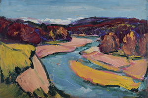 Werkverzeichnis Nr. 509, um 1969, Isar, Öl auf Karton, 60,8 x 40,3 cm,
						Rückseite bemalt mit Werkverzeichnis Nr. 150, um 1955, Baumruine im Gebirge
