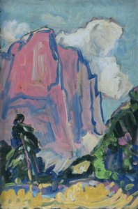 Werkverzeichnis Nr. 462, um 1969, Berg und Baum,  Öl auf Karton, 61,7 x 40,9 cm