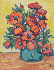 Werkverzeichnis Nr. 518, um 1969, Mohnblumen in türkiser Vase vor gelbem Grund, Öl auf Hartfaser, 65,5 x 51,3 cm