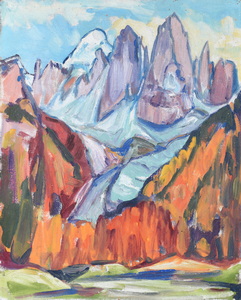 Werkverzeichnis Nr. 463, um 1969,  Bergmassiv mit Gletscher, Öl auf Hartfaser, 69,0 x 54,7 cm,
						Rückseite von Werkverzeichnis Nr. , um    , Bäume Teich 