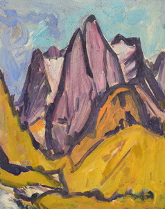 Werkverzeichnis Nr. 464, um 1969, Bergmassiv, Öl auf Hartfaser, 71,0 x 56,5 cm