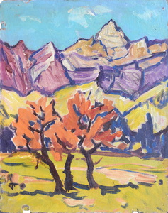 Werkverzeichnis Nr. 467, um 1969, Wiese mit Bäumen , Blick auf ein Bergmassiv, Öl auf Hartfasern, 71,2 x 56,4 cm