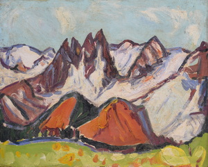 Werkverzeichnis Nr. 458, um 1969, Bergspitzen  in den Hochalpen, Öl auf Hartfaser, 51,7 x 65,0 cm