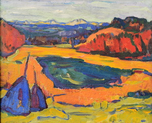 Werkverzeichnis Nr. 498, um 1969,  Blaue Heuhocken an den Osterseen, Öl auf Karton, 57,5 x 71,0 cm,
						Sammlung Hagen Freund, Berlin 