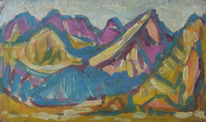 Werkverzeichnis Nr. 469, um 1969, Berge, Öl auf Karton, 25,4 x 42,5 cm