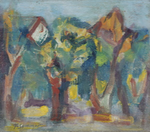 Werkverzeichnis Nr. 515, um 1969, Bäume und Hausgiebel in München-Moosach,  Öl auf Hartfaser, 30,3 x 34,3 cm