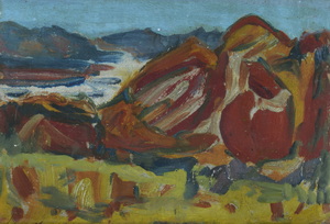 Werkverzeichnis Nr. 470, um 1969, Bergskizze, Acryl, Öl auf Karton, 28,8 x 33,8 cm