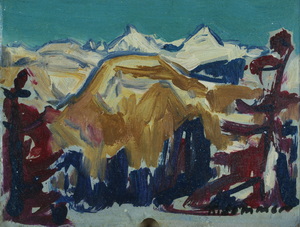 Werkverzeichnis Nr. 477, um 1969, Gebirgsskizze, Öl auf Karton, 24,2 x 31,8 cm