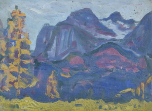 Werkverzeichnis Nr. 479, um 1969, Blaues Gebirgsmassiv mit Ocker Baum, Öl auf Karton, 29,2 x 40,0 cm