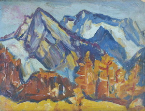 Werkverzeichnis Nr. 446, um 1969, Watzmann, Hochkalter, Öl auf Karton, 37,5 x 48,4 cm