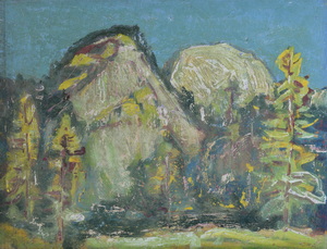 Werkverzeichnis Nr. 483, um 1969, Berge mit Bäumen, Öl auf Karton, 37,7 x 49,1 cm 