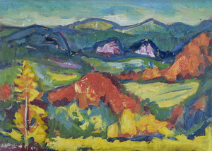 Werkverzeichnis Nr. 455, um 1969, Blick auf die Voralpen, Öl auf Karton, 38,2 x 52,7 cm