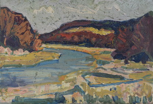 Werkverzeichnis Nr. 504, um 1969, Isar, Öl auf Karton, 40,4 x 58,2 cm
