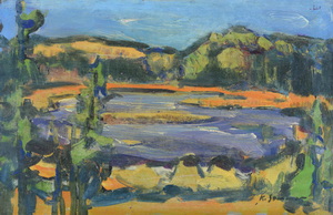 Werkverzeichnis Nr. 487, um 1969, Voralpensee, Öl auf Karton, 40,5 x 61,1 cm