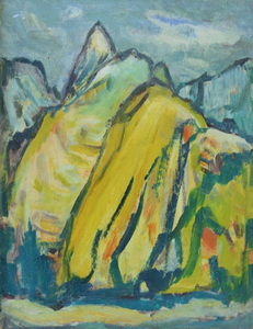 Werkverzeichnis Nr. 472, um 1969, Bergspitzen, Öl auf Karton, 48,4 x 37,9 cm