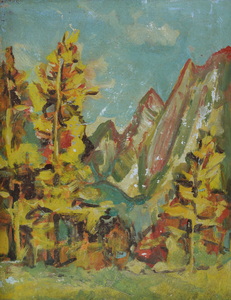 Werkverzeichnis Nr. 476, um 1969-1990, Gelbe Bäume und Berge, Öl auf Karton, 48,4 x 38,0 cm