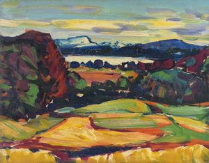 Werkverzeichnis Nr. 485, um 1969, Blick auf einen Voralpensee, Öl auf Hartfaser, 51,2 x 64,3 cm