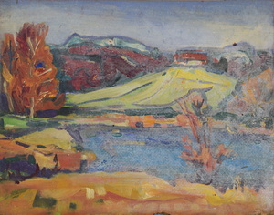 Werkverzeichnis Nr. 506, um 1969, Kleiner Voralpensee, Öl auf Hartfaser, 51,5 x 65,5 cm