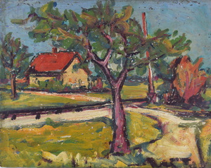 Werkverzeichnis Nr. 514, um 1969, Haus an einer Bahnschranke,  Öl auf Hartfaser, 56,8 x 71,0 cm