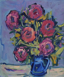 Werkverzeichnis Nr. 516, um 1969, Blumenstrauß in blauem Krug, Öl auf Karton, 57,0 x 48,7 cm