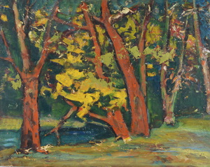 Werkverzeichnis Nr. 512, um 1969, Wald mit Gewässer,  Öl auf Karton, 57,0 x 71,2 cm
