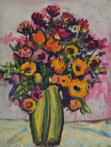 Werkverzeichnis Nr. 517, um 1969, Blumenstrauß in gelbgrüner Vase, Öl auf Hartfaser, 67,0 x 51,5 cm