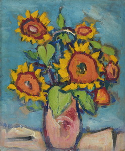Werkverzeichnis Nr. 520, um 1969, Sonnenblumen vor hellblauem Grund, Öl auf Hartfaser, 68,3 x 56,4 cm