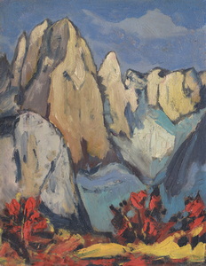 Werkverzeichnis Nr. 471, um 1969, Berge, Öl auf Karton, 48,1 x 37,4 cm