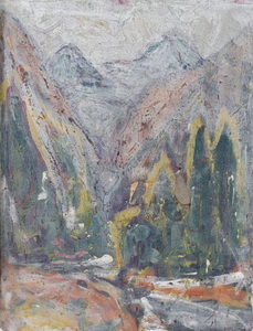 Werkverzeichnis Nr. 555, um 1970-1994, Enges Gebirgstal, später weiß übermalt Öl auf Karton, 48,5 x 37,5 cm