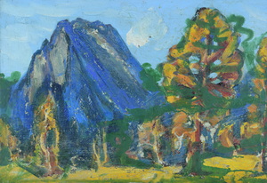 Werkverzeichnis Nr. 533, 1970, Bäume in einem Bergtal, um 1990 übermalt, Öl auf Karton, 40,0 x 57,2 cm