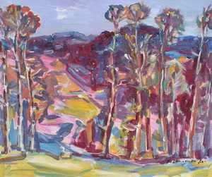 Werkverzeichnis Nr. 525, 1970, Hügellandschaft mit Bäumen,  Öl auf Karton, 54,5 x 64,7 cm<br>
						bez. u.r.: K. Sommer 70