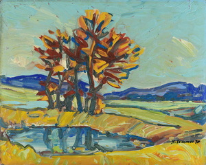 Werkverzeichnis Nr. 526, 1970, Bäume an einem kleinen Weiher, Öl auf Hartfaser 56,5 x 71,2 cm<br>
						bez. u.r.: K. Sommer 70