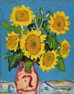 Werkverzeichnis Nr. 534, 1970, Sonnenblumen vor hellblauer Wand, Öl auf Hartfaser, 71,0 x 56,4 cm, sign. u.r.: K.Sommer 70