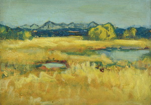 Werkverzeichnis Nr. 538, um 1970, Blick über das Kochelmoos, Öl auf Karton, 24,3 x 34,3 cm