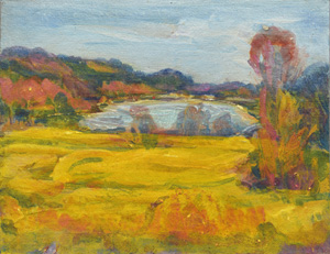 Werkverzeichnis Nr. 540, um 1970, Gelbe Wiese mit Gewässer, wachshaltige Mischtechnik auf Hartfaserplatte, 27,3 x 35,3 cm