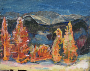 Werkverzeichnis Nr. 557, um 1970, Abendliche Berglandschaft, Öl auf Hartfaser, 29,2 x 36,5 cm