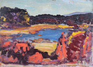 Werkverzeichnis Nr. 541, um 1970, Kleiner See mit Wald, Öl auf Karton, 38,3 x 52,8 cm