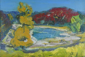 Werkverzeichnis Nr. 543, um 1970, Gelber Baum an einem Teich, Öl auf Karton, 40,8 x 60,2 cm